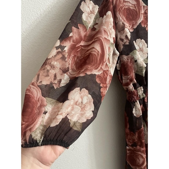 Kate and Lily Dress Floral Rust Midi Womens Sheer Sleeve Elastic Waist Size 12 - Picture 5 of 9